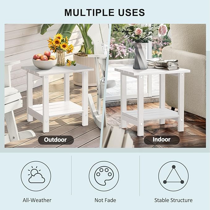 2 Tier Outdoor Side Table with Wood-Like Grain, 16.6" HDPE Adirondack Table Patio Side Table, Weather Resistant End Table for Pool, Patio & Porch, Small Outdoor Table (White, Rectangle)