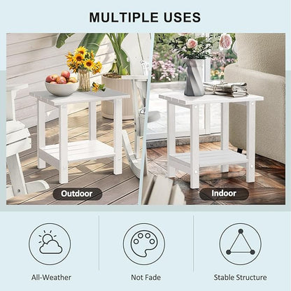 2 Tier Outdoor Side Table with Wood-Like Grain, 16.6" HDPE Adirondack Table Patio Side Table, Weather Resistant End Table for Pool, Patio & Porch, Small Outdoor Table (White, Rectangle)