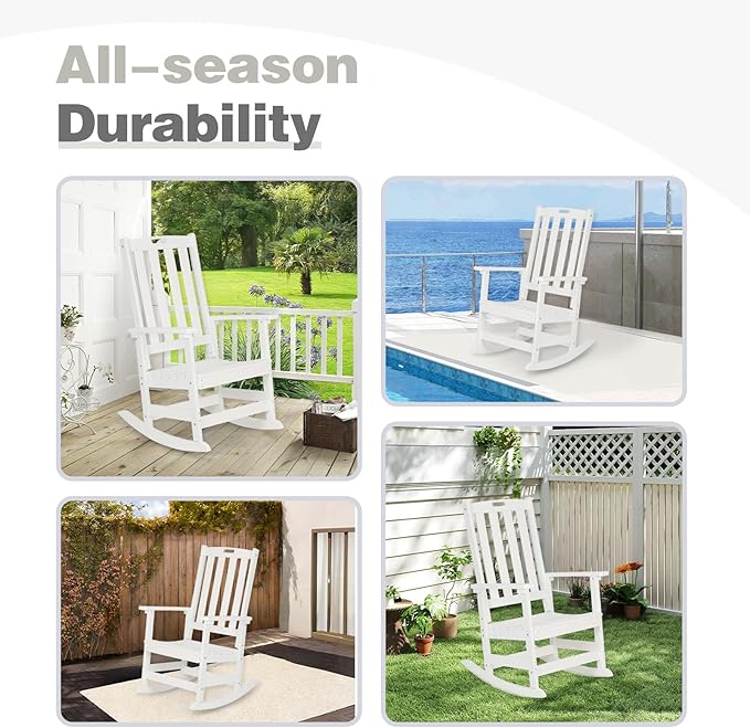 Aoodor Outdoor Rocking Chair, Ergonomic HDPE Rockers with All-Weather Design for Patio or Porch, Color White,Set of 4
