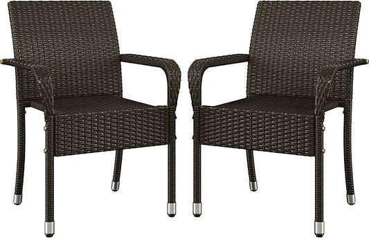 Yaheetech Set of 2 Stackable Outdoor Rattan Dining Chairs, All-Weather Armchair w/Armrests, Steel Frame for Garden, Patio, Deck, Yard, Poolside, Brown