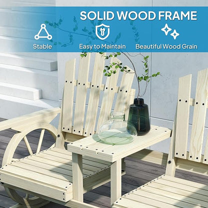 Outsunny Wooden Garden Bench with Table, Umbrella Hole, 2-Seat Wagon Wheel Outdoor Bench with Slatted Seat, High Backrest, Armrests for Backyard, Patio, Garden, Natural Wood
