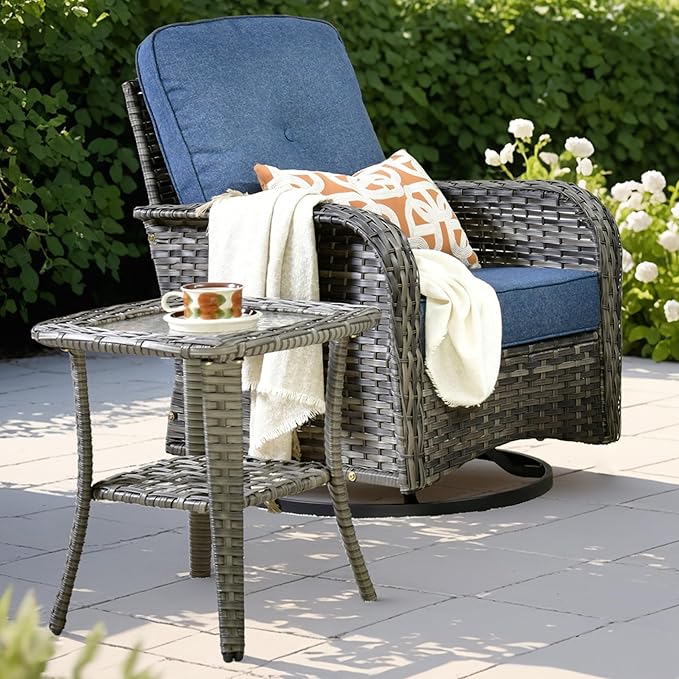 ovios Outdoor Patio Side Table with Tempered Glass Top Wicker Coffee Tables for Garden Porch Yard Deck Balcony, Grey Rattan
