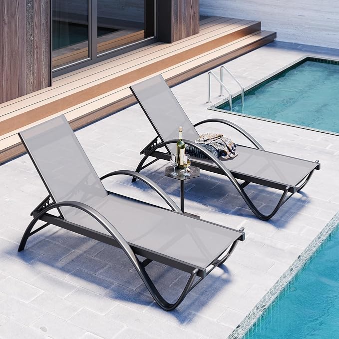 SUNLEI Lounge Chair for Outside Set of 2, Pool Chaise Lounge with S-Shaped Armrest, Patio Lounge Chairs with Adjustable Backrest & Textilene, Patio Chaise Lounge for Outdoor/Light Grey
