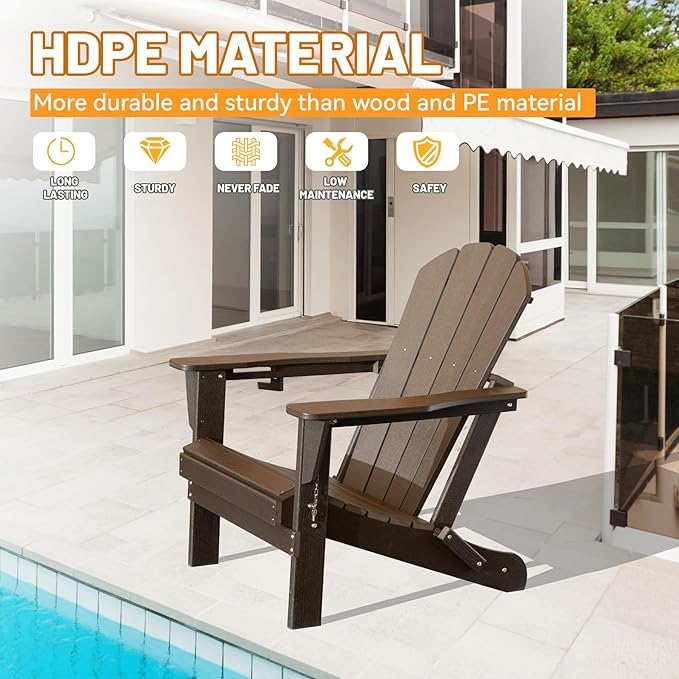 Adirondack Chair, Plastic Adirondack Chairs, HDPE Adirondack Chair, Folding Adirondack Chairs,Outdoor Chairs with Cup Holder for Lawn Patio Deck Fire Pit -Brown