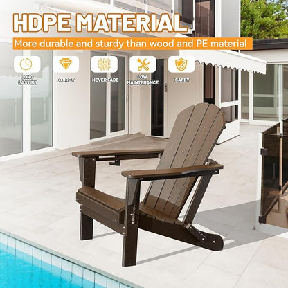 Adirondack Chair, Plastic Adirondack Chairs, HDPE Adirondack Chair, Folding Adirondack Chairs,Outdoor Chairs with Cup Holder for Lawn Patio Deck Fire Pit -Brown