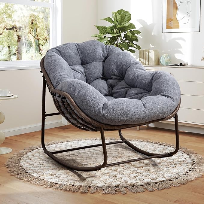 Large Indoor Rocking Chair, Oversized Rocking Papasan Chair with Thick Cushion and Frame,Comfy Teddy Rocker Wicker Egg Chairs Lounge Reading Chair for Living Room, Bedroom, Apartment, Dark Grey