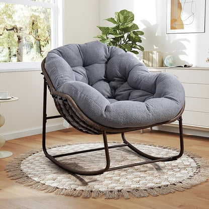 Large Indoor Rocking Chair Set of 2, Oversized Rocking Papasan Chair with Thick Cushion and Frame,Comfy Teddy Rocker Wicker Egg Chairs Lounge Reading Chair for Living Room, Bedroom, Dark Grey