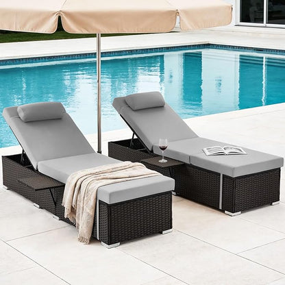 Outdoor Chaise Lounge with Adjustable Backrest Set of 2, 6-Position Reclining Lounger Pool Chair, Thick 3-Inch Cushion & Side Tray, All-Weather PE Wicker for Outdoor, Backyard, Deck (Gray)