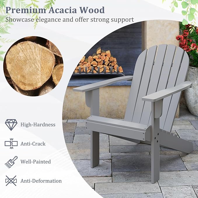Giantex Acacia Wood Adirondack Chair Set of 4, Outdoor Fire Pit Chair with 105° Inclined Seat, High Backrest, 4" Wide Armrests, Patio Lounge Chair for Outside, Lawn, Backyard, Garden, Deck, Porch