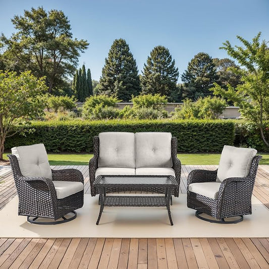Patio Loveseat Glider Set, Resin Wicker Loveseat Glider with 2 Swivel Patio Chiars and Coffee Table, 4 Piece Patio Bistro Set Furniture Loveseat Set, Brown Wicker|Beige Cushions
