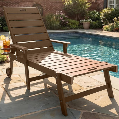 YEFU Lounge Chair Outdoor Chaise: Outdoor Chaise Lounge with 5-Level Adjustable Backrest, Cup Holders & Wheels, All-Weather Resistance Chaise Lounge for Outside/Patio/Beach/Deck, Teak