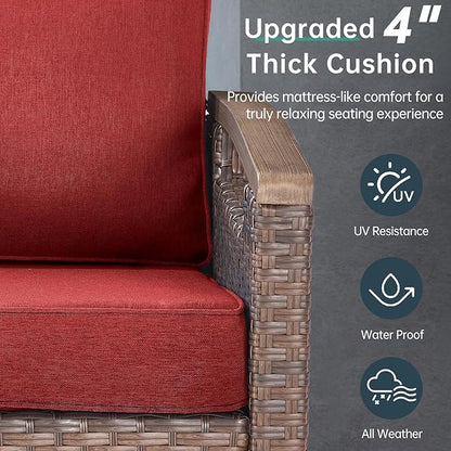 Luxury 5 Piece Heavy Duty Patio Furniture Set with Swivel Chairs - All Weather Wicker Comfort Thick Cushion Outdoor Conversation Set with 3 Seat Sofa & Ottoman for Porch Poolside Deck - Red