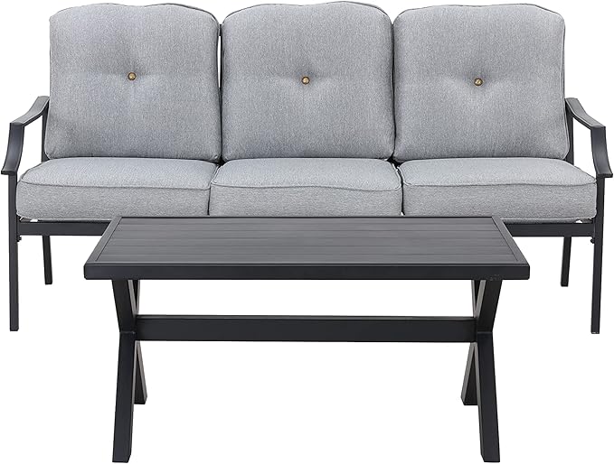 LOKATSE HOME Outdoor Patio Cushioned Loveseat 3 Seats Sofa Bench with Metal Coffee Table, Grey
