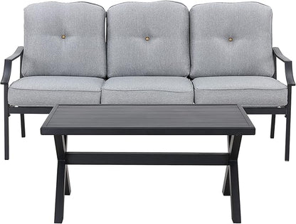 LOKATSE HOME Outdoor Patio Cushioned Loveseat 3 Seats Sofa Bench with Metal Coffee Table, Grey