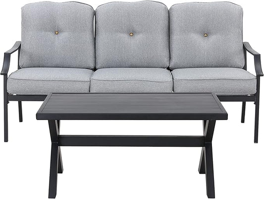 LOKATSE HOME Outdoor Patio Cushioned Loveseat 3 Seats Sofa Bench with Metal Coffee Table, Grey