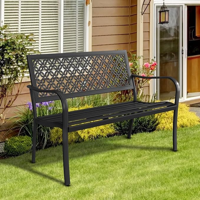 Grand patio 50" Outdoor Bench Garden Bench with Armrests Bench for Outdoors Lawn Yard Porch Black - Photo 6