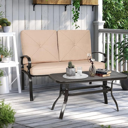 Incbruce Patio Loveseat with Coffee Table - Outdoor Bench with Cushion,2 Piece Wrought Iron Outdoor Loveseat Metal Frame Porch Furniture Set for Patio, Poolside, Garden (Brown)