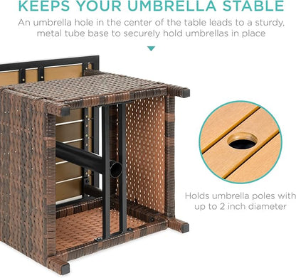Best Choice Products Wicker Side Table with Umbrella Hole, Square PE Rattan Outdoor End Table for Patio, Garden, Poolside, Deck w/UV-Resistant Frame, Storage Space - Brown