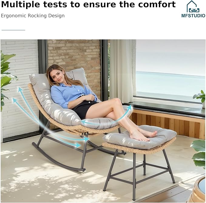 MFSTUDIO Outdoor Papasan Rocking Chair with Ottoman, Wicker Rattan Egg Papasan Rocking Chair, Oversized Egg Shaped Patio Chair, Outdoor Lounge Rocker Chairs for Patio, Balcony, Porch and Indoor