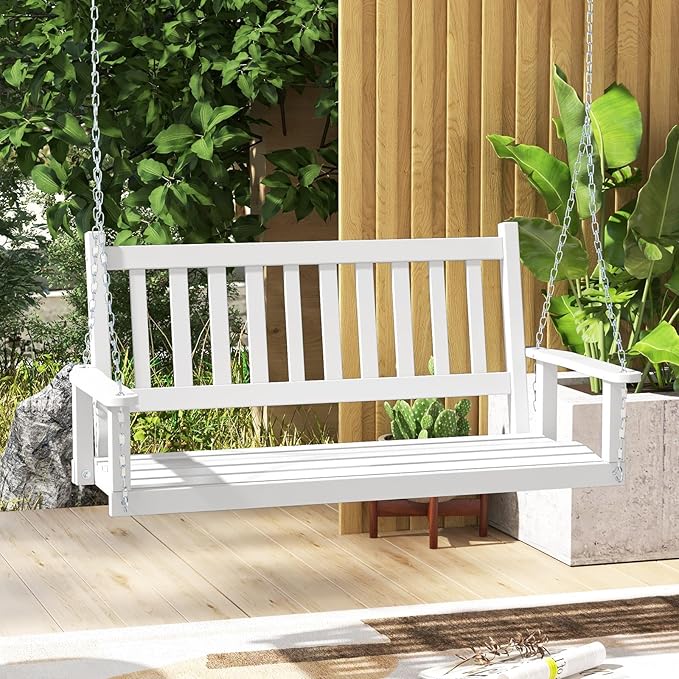 Tangkula 2 Person Wooden Porch Swing, Hanging Patio Swing with 2 Adjustable Galvanized Metal Chains, Slatted Back & Seat - Photo 9