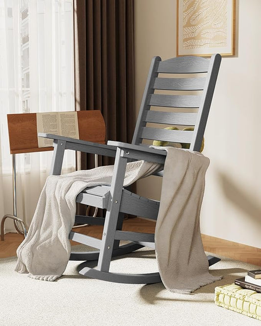 YEFU Outdoor Rocking Chair Set of 4,Poly Porch Rocker with Curved Backrest,All Weather Patio Rocking Chair,Like Real Wood,for Indoor,Lawn, Backyard,Garden,Heavy Duty,Weight Capacity 380lbs(Grey)