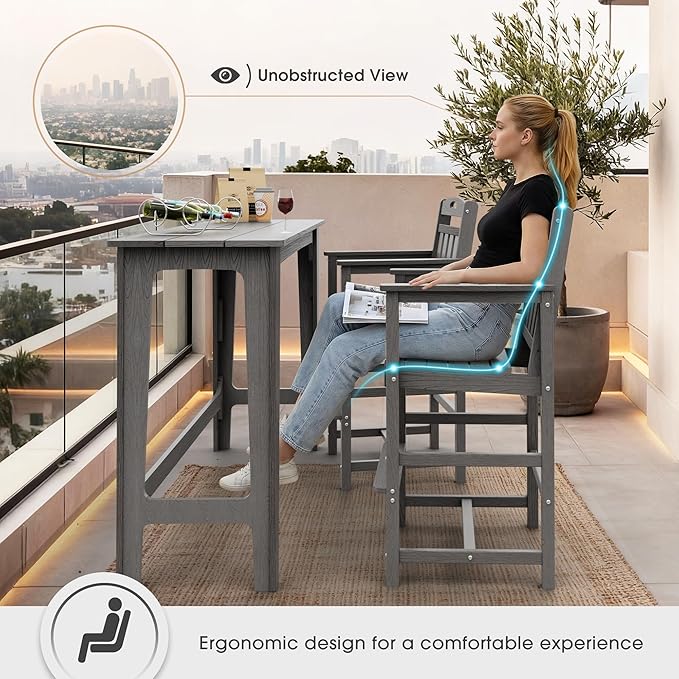 Ciokea Heavy Duty Bar Height Chair, 380lbs Outdoor Adirondack Tall Bar Chair Patio Stool with Arms & High Back, Heavy Duty All-Weather for Balcony, Poolside, Deck and Garden, Grey
