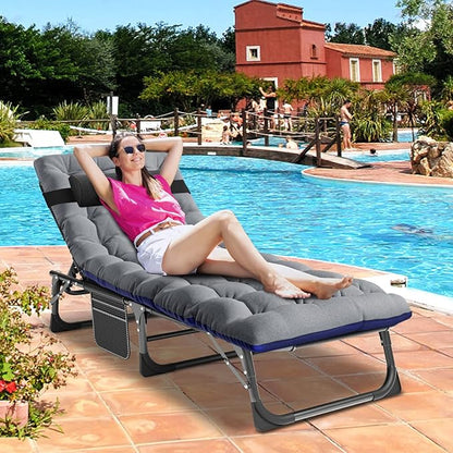 DoCred Folding Lounge Chair with Mattress, 5 Position Adjustable Folding Sleeping Bed Cot Chaise Lounge Chairs Perfect for Sunbathing, Camping, Pool, Beach, Patio