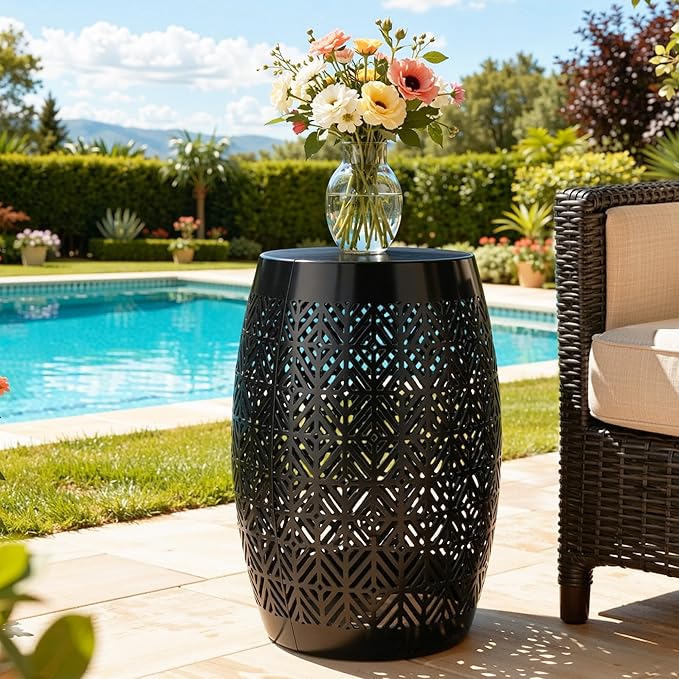 18" Cutout Metal Outdoor Side Table with 3-Mode LED Lights, Modern Decorative Drum End Table - Photo 9