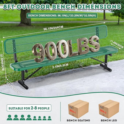 Heavy-Duty Park Bench for Outside - Black Coated Outdoor Furniture Steel Bench, Commercial-Grade Outdoor Benches Weatherproof for Park, Patio, Porch (Portable with Back, 4/6/8 Ft) (Green, 8FT)