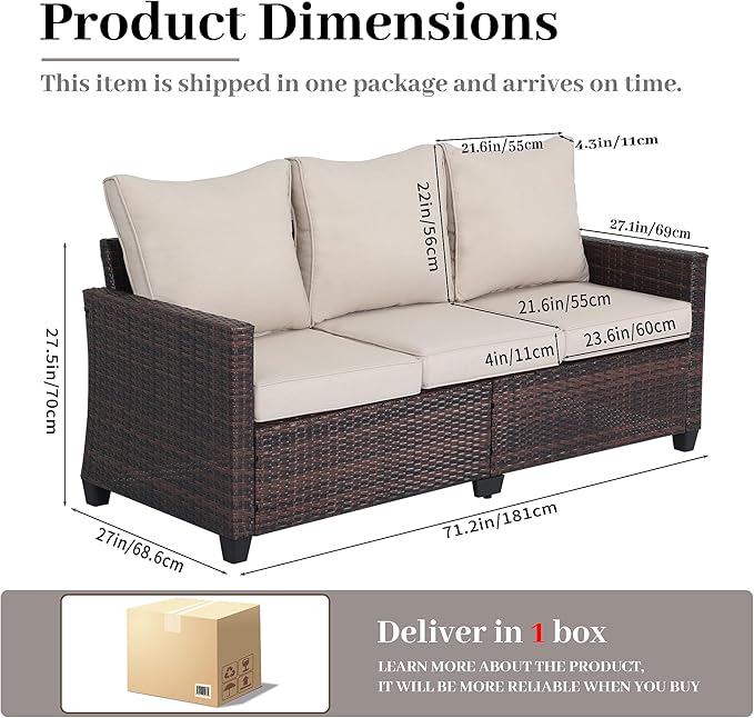 EortheX Outdoor Patio Sofa, 3-Seat Rattan Wicker Couch for Garden Deck or Porch - Photo 3