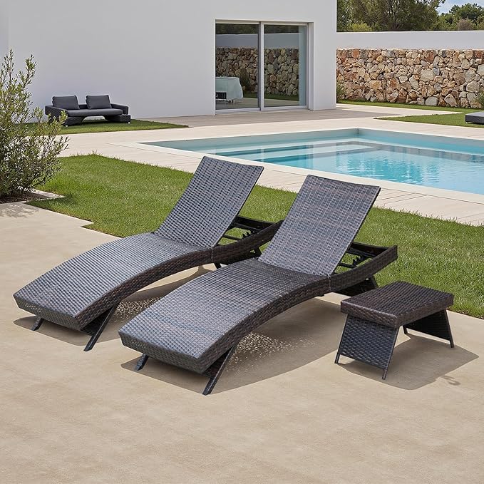 PE Rattan Foldable Backrest Chaise Lounge Set of 2 Chairs + 1 Table, Outdoor Pool Folding Recliners Coffee Tables, Adjustable Patio Lounge Chairs and SideTable for Beach Sunbathing