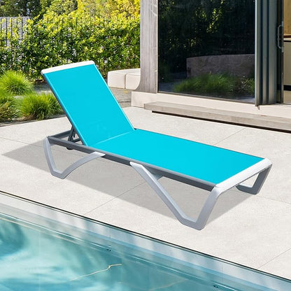 Domi Outdoor Lounge Chair, Aluminum Patio Chaise Lounge with 5 Position Adjustable Backrest and Wheels, All Weather Reclining Chair for Patio, Yard, Balcony, Poolside (Lake Blue)
