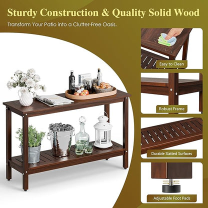 SUPER DEAL All-Weather Patio Bar Table Entry Console Table, 2-Shelf 48 inch Solid Wood Indoor Outdoor Multifunctional Buffet Storage Organizer with Adjustable Feet, Espresso