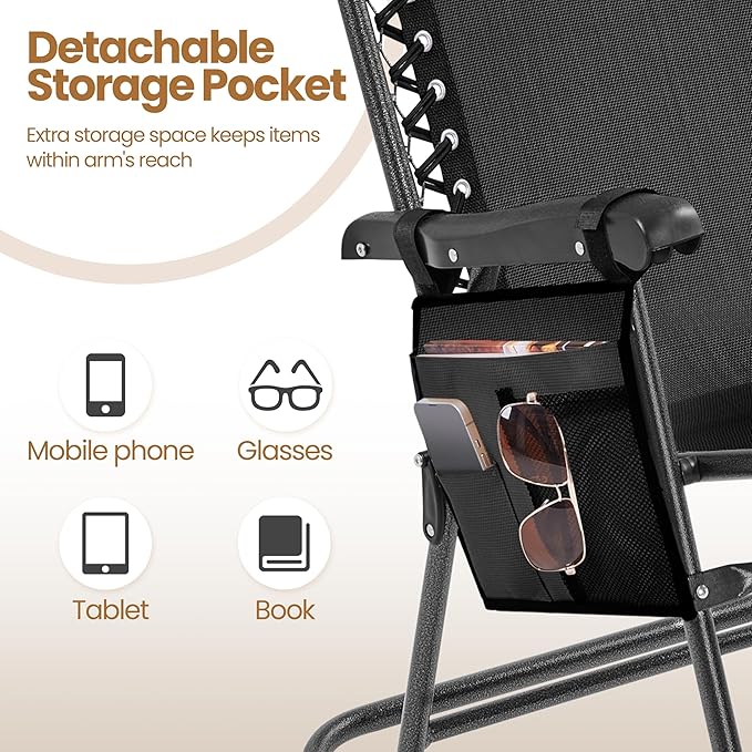 Yaheetech 26in Rocking Chair Outdoor Zero Gravity Folding Chairs Rocking Chairs Foldable Outdoor Reclining Lounge Chair for Outside Lawn with Cupholder/Pillow Ergonomic Design for Rest, Black