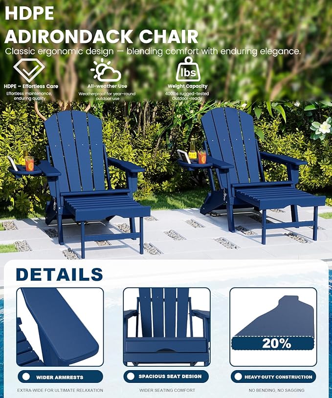 FOOWIN Folding Adjustable Adirondack Chair with Retractable Ottoman, HDPE Adirondack Chair w/4 in 1 Cup Holder Trays,All-Weather Resistant Fire Pit Chair for Outdoor Patio Lawn, Navy Blue