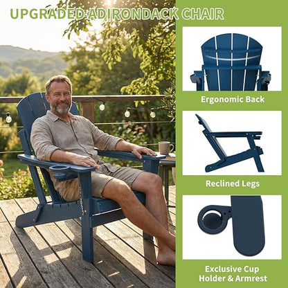 Folding Adirondack Chairs Set of 2, Plastic Outdoor Patio Chairs with Cup Holder, Wood-Textured with Large Seat for Poolside Backyard Lawn, Blue