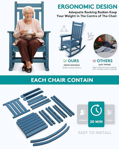 SERWALL Oversized Rocking Chair, Outdoor Rocking Chair for Adults, All Weather Resistant Porch Rocker for Lawn Garden, Blue