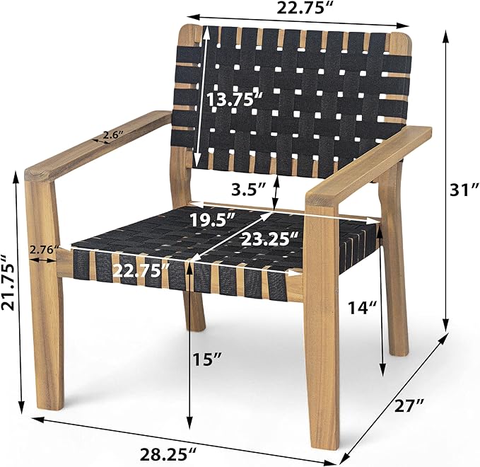 Christopher Knight Home Set of 2 Lena Patio Furniture Acacia Wood Armchair, Woven Rope Outdoor Club Chair, Deep Seating Porch Chairs for Garden, Backyard/Balcony, Light Teak Finish & Black