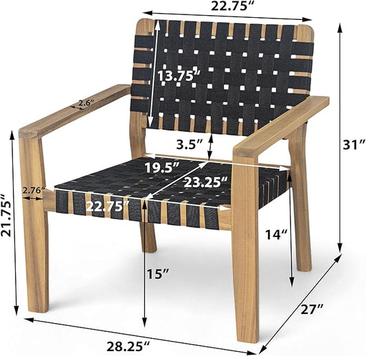 Christopher Knight Home Set of 2 Lena Patio Furniture Acacia Wood Armchair, Woven Rope Outdoor Club Chair, Deep Seating Porch Chairs for Garden, Backyard/Balcony, Light Teak Finish & Black