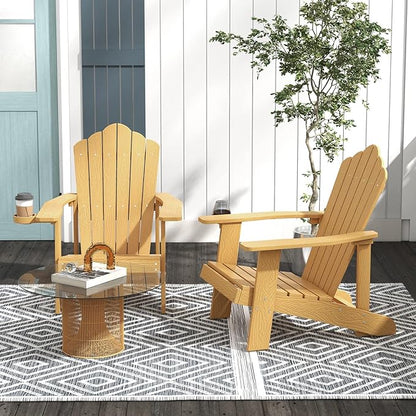 Tangkula Oversized Adirondack Chair, Patio Lounge Chairs w/Adjustable Cup Holder, HIPS Armchairs Slatted Chair, Outdoor Weather Resistant Fire Pit Chair for Deck Backyard Garden Porch (4, Teak)