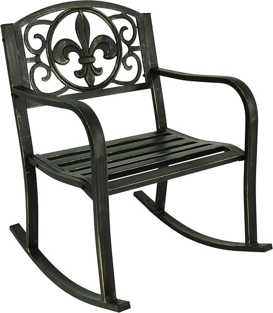 Sunnydaze Outdoor Rocking Chair for Lounging – Durable Metal Patio Chair with Cast Iron & Steel Frame – Ideal for Backyard, Lawn, or Garden – 275lb Capacity