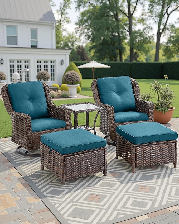 3 Piece Patio Swivel Chairs and Side Table Set - High Back Outdoor Brown Wicker Rattan Rocking Glider with Thick - Photo 6
