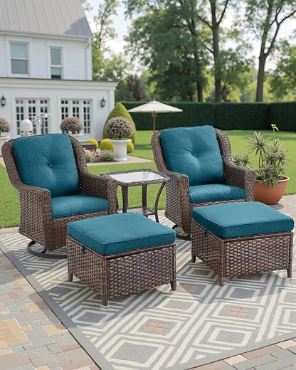 3 Piece Patio Swivel Chairs and Side Table Set - High Back Outdoor Brown Wicker Rattan Rocking Glider with Thick Cushions for Porch Apartment Deck Yard Poolside Garden - Peacock Blue
