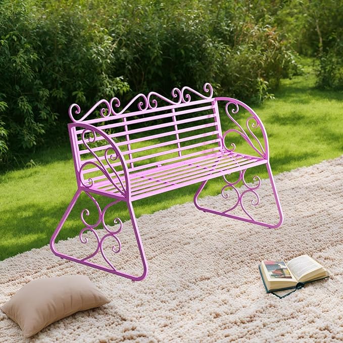 2-Seat Patio Porch Bench 45"，Outdoor Metal Garden Bench，Weather Proof Porch Path Chair，Patio Bench with Backrest and Armrests，Patio Bench for Lawn Path Yard Decor Deck Furniture(Pink)