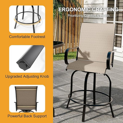 Swivel Bar Stools 2-Piece Set, Outdoor Patio Bar Height Chairs with Rust-Resistant Metal Frame & All-Weather Textile, Taupe High Top Stools for Garden, Balcony, Backyard(Brown)