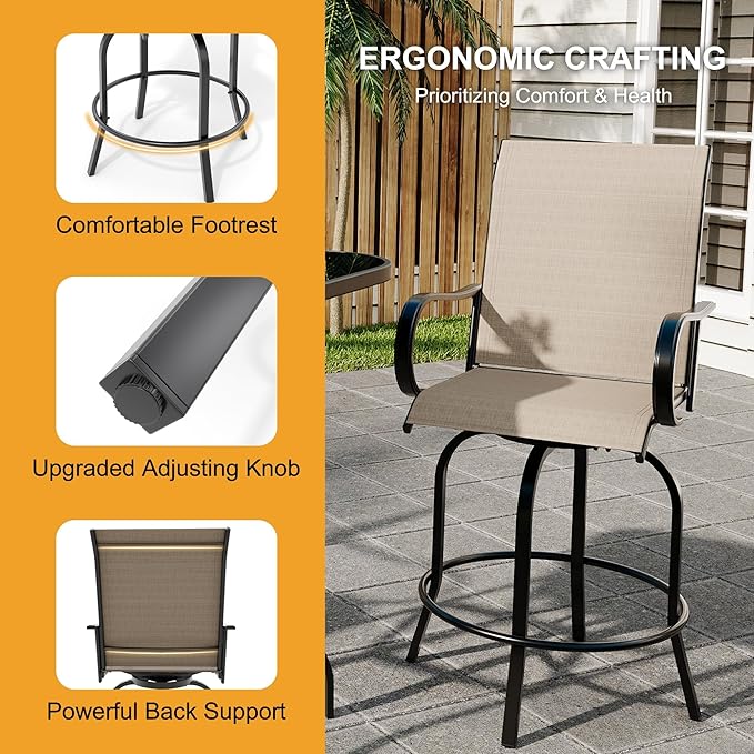 IDEALHOUSE 5 PCS Outdoor Bar Height Dining Set, 4 Swivel Bar Stools with 1 High Top Glass Table, All-Weather Metal & Textilene Patio Furniture Set for Backyard, Porch, Balcony, Poolside, Garden