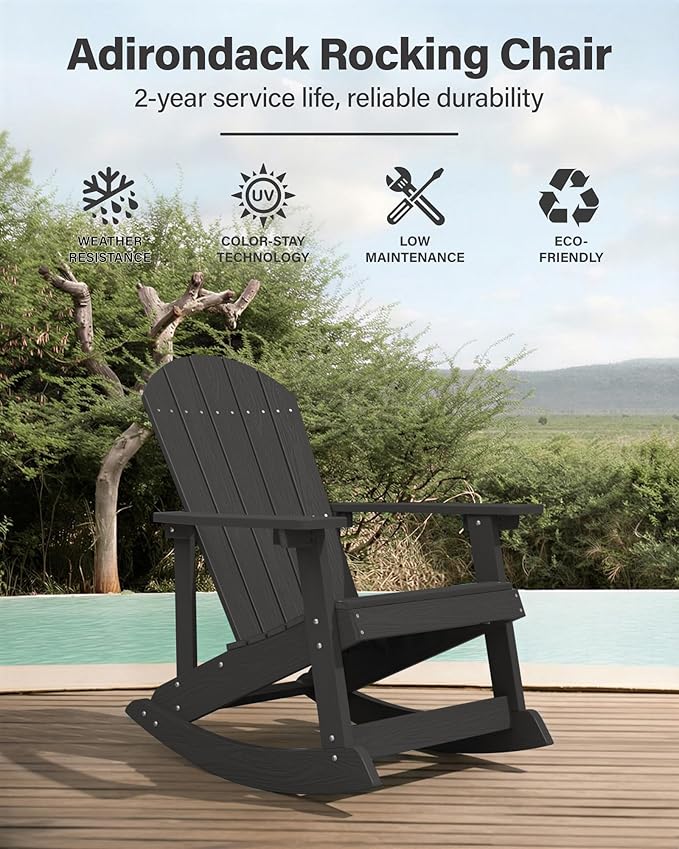 YEFU Outdoor Rocking Chair Set of 4,Adirondack Rocking Chair,Patio Rocker Chair with Wide Back,Oversized Rocker Chair Look Like Real Wood, for Lawn, Porch, Backyard, Indoor and Garden(Black)