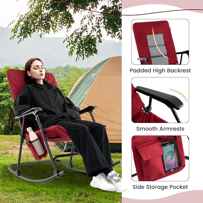 Goplus Oversized Folding Rocking Chair, Padded Patio Lounge Rocker w/Metal Frame, Armrests, Side Pocket, Lightweight Portable Rocking Chair for Backyard Camping Travel, Supports up to 500 lbs(1,Red)