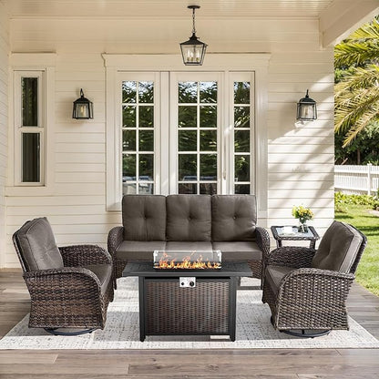 5 Pieces Patio Furniture Set with Fire Pit Table-All Weather Rattan Wicker Outdoor Couch with Outdoor Swivel Chair Outdoor Furniture for Deck Porch Garden Balcony Poolside-Brown/Grey
