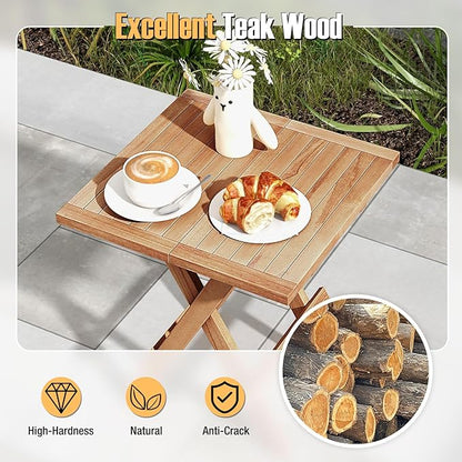 Tangkula Patio Folding Side Table, Teak Wood Square Patio Table with X-Shaped Legs & Slatted Tabletop, Portable & Compact Outdoor Indoor Use for Backyard, Deck, Lawn